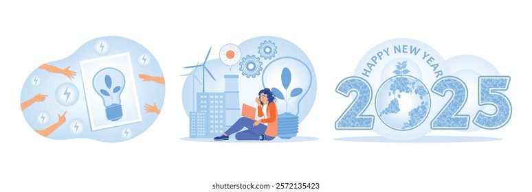 Renewable energy and environmentally friendly technology. A woman uses a laptop to analyze green industry. Showcasing an environmentally friendly and sustainable Earth.