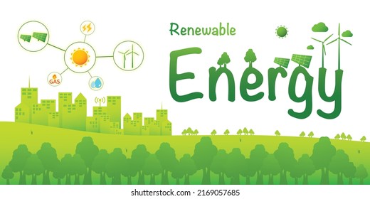 Renewable energy, Environmentally sustainability ecological, Urban forest and clean air, Electricity from Dam, Wind power generators, Solar Panels, Green energy and Technology connected to Smart City.