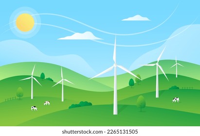 Renewable energy, ESG concept. Green landscape with wind turbines. Gradient. Vector illustration