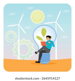 Energia renovável com turbinas eólicas, energia solar e ecotecnologias, simbolizando a sustentabilidade e a proteção ambiental através de recursos de energia limpa. Energia sustentável.
