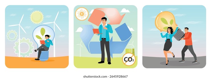 Erneuerbare Energien mit Windturbinen, Solarenergie und Ökotechnologien. Saubere Energielösungen und Kreislaufwirtschaft. Nachhaltigkeitsorientierte Innovation. Nachhaltiges Energiekonzept