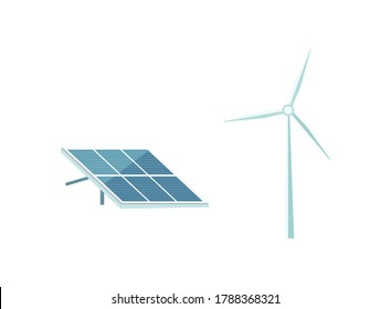 Renewable energy flat color vector objects set. Solar panels. Wind turbines. Alternative energy sources isolated cartoon illustration for web graphic design and animation collection