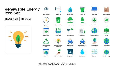 Renewable Energy Flat Icon Set: Solar, Wind, and Hydropower Solutions Icons