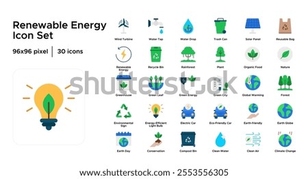 Renewable Energy Flat Icon Set: Solar, Wind, and Hydropower Solutions Icons