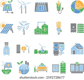 Renewable Energy flat icons set. Vector isolated element. Editable stroke.