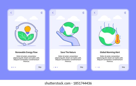 renewable energy flow save the nature global warming alert onboarding for mobile app template ui web with flat outline style