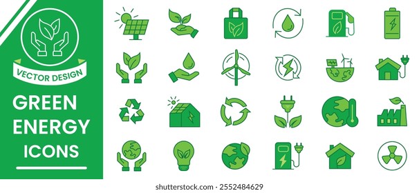 Energías renovables, Energía verde, . Iconos verdes de la ecología y de la electricidad, sistema del Vector. Conjunto de iconos respetuosos con el medio ambiente, solar, molino de viento, energía renovable y alternativa símbolos de Ilustración vectorial.