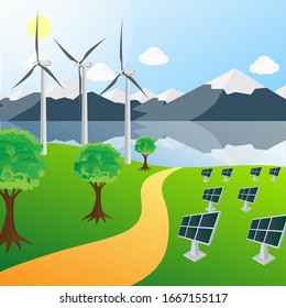 Renewable energy or green energy landscape with 3d isometric wind turbines and solar panels in a vector illustration with trees, green meadows, a lake, mountains with the sun, clouds & blue sky.