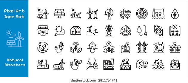 Renewable Energy And Green Power Pixel Art Vector Icon Set For Solar Panels Wind Turbines Eco Friendly Technology Sustainable Resources And Environmental Conservation Design