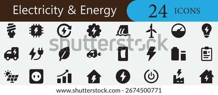 Renewable energy, green energy, solar, wind, eco power, electric car, charging, sustainable technology, electricity and energy icon set vector.