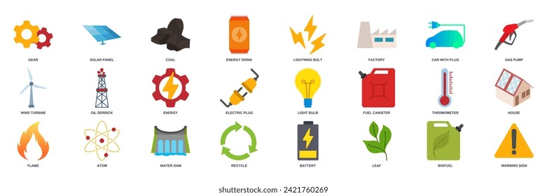 renewable energy, green technology icon set, Included icons as Light Bulb, Folder, Solar Panel, Battery and more symbols collection, logo isolated vector illustration