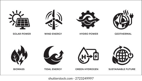 Renewable Energy and Green Technology Logo Set. Solar, Wind, Hydro, Biomass, Geothermal, and Sustainable Power Vector Symbols