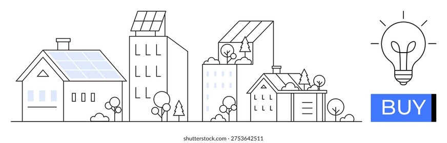 Renewable energy, green technology, smart homes, sustainable living, eco-friendly products, innovation. Modern homes and buildings with solar panels and a buy button. Renewable energy and green