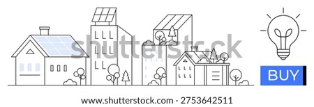 Renewable energy, green technology, smart homes, sustainable living, eco-friendly products, innovation. Modern homes and buildings with solar panels and a buy button. Renewable energy and green