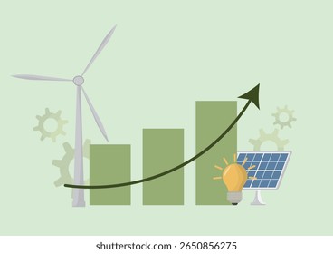 Wachstumsdiagramm für erneuerbare Energien. Flaches Design mit grünem Balkendiagramm mit Pfeil nach oben, Windturbine und Solarpanel für nachhaltiges Energiewachstum. Vektorgrafik
