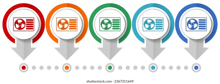 Renewable energy, heat pump vector icon set, flat design infographic template, set pointer concept icons in 5 color options for webdesign and mobile applications