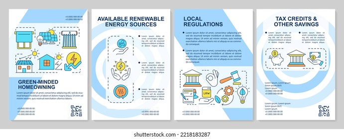 Plantilla de folleto azul para la energía renovable en casa. Energía ecológica. Diseño del prospecto con iconos lineales. Editable 4 diseños vectoriales para presentación, informes anuales. Fuentes ariales, infinitas Pro-regulares usadas