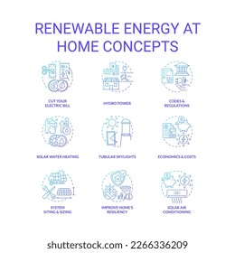 Se establecen iconos de concepto de energía renovable en el degradado azul del hogar. Fuente ecológica. Ilustraciones de color de línea delgada alternativas de la idea de potencia. Símbolos aislados. Fuentes Roboto-Medium, Myriad Pro-Bold utilizadas