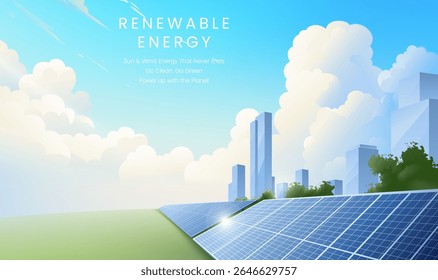 Renewable energy horizontal panel illustration includes cities and solar panels