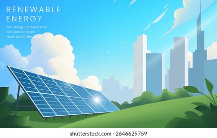 Renewable energy horizontal panel illustration contains cities and solar panels