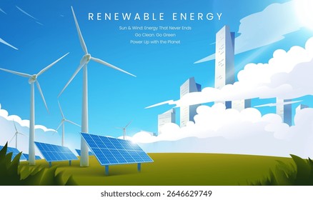 Renewable energy horizontal panel illustrations include solar panels and wind turbines