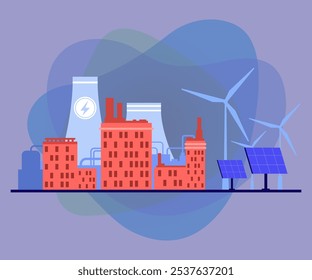 Ilustración vectorial del centro de energía renovable. Los paneles solares y los molinos de viento generan energía para los sistemas de Asistencia de vida de la ciudad. Concepto de industria, energía, recursos renovables