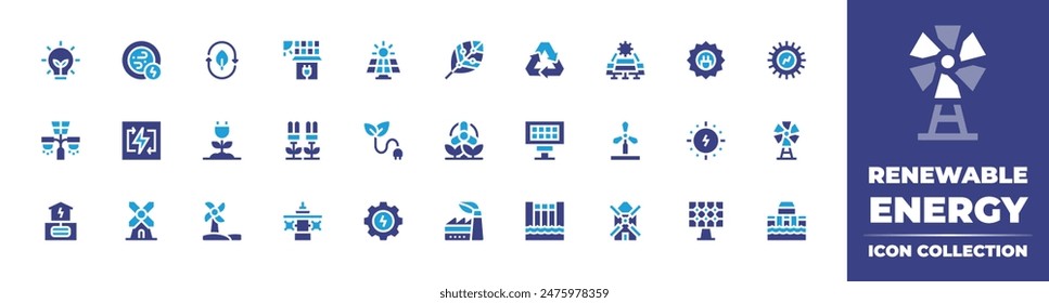 Renewable energy icon collection. Duotone color. Vector illustration. Containing renewableenergy, cleanenergy, geothermalenergy, streetlight, windpower, windmill, tidalpower, plant.