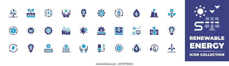 Renewable energy icon collection. Duotone color. Vector illustration. Containing solarenergy, oceanenergy, renewableenergy, cleanenergy, energy, hydraulicenergy, saving, windmill.