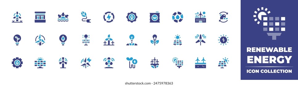 Renewable energy icon collection. Duotone color. Vector illustration. Containing greenenergy, ecoenergy, windmill, eco, renewableenergy, windenergy, eolicenergy, solarpanel.