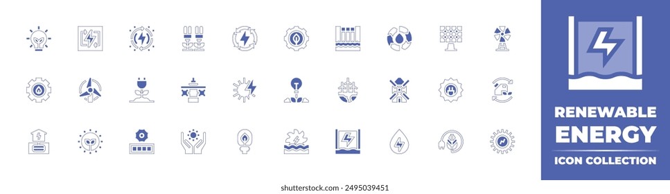 Renewable energy icon collection. Duotone style line stroke and bold. Vector illustration. Containing windmill, solarenergy, eco, cleanenergy, energysaving, geothermalenergy, tidalpower.