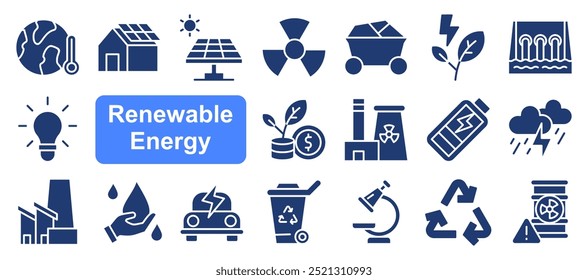 Renewable energy icon collection. Duotone color. Vector illustration. Containing solarenergy, oceanenergy, renewableenergy, cleanenergy, energy, hydraulicenergy, saving, windmill.