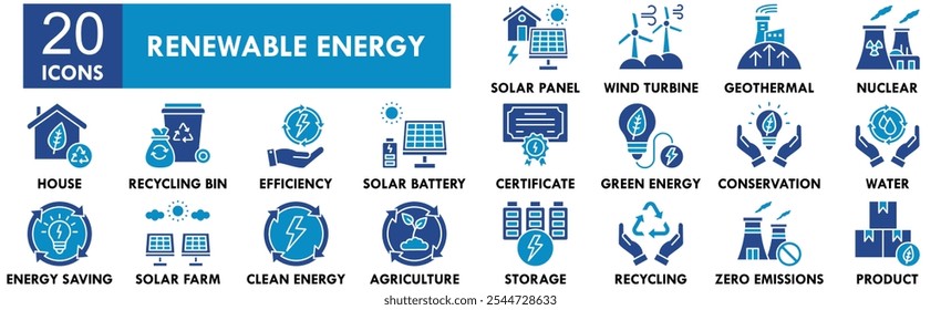 Conjunto de coleta de ícones de Energia Renovável. Contendo eletricidade de projeto, renovável, tecnologia, energia, eco