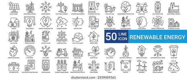 Renewable energy icon collection set with Solar panel, Green, Electrical, Hydropower, Geothermal