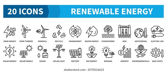 RENEWABLE ENERGY icon collection set. Containing wind energy, turbine, windmill, recycle, hydropower, geothermal, solar panels, biomass icon. Simple black outline vector.