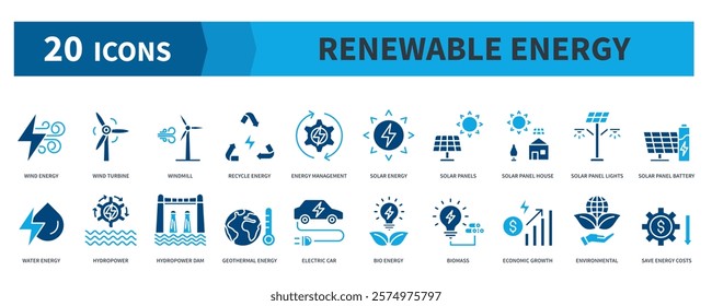 Renewable Energy Icon Collection Set. Containing wind energy, turbine, windmill, recycle, hydropower, geothermal, solar panels, biomass Icon. Simple Flat Vector. Blue Color Style