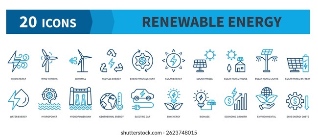 Renewable Energy Icon Collection Set. Containing Wind Energy, Turbine, Windmill, Recycle, Hydropower, Geothermal, Solar Panels, Biomass Icon. Dualtone Outline Style