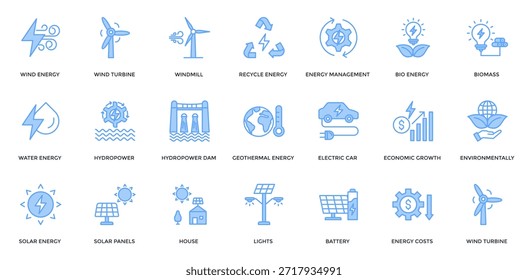 Renewable Energy Icon Collection Set. Containing wind energy, turbine, windmill, recycle, hydropower, geothermal, solar panels, biomass Icon. Simple Flat Vector. Lineal Blue Style
