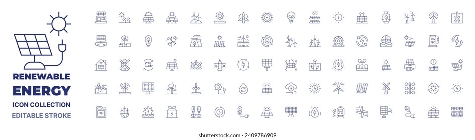 Renewable energy icon collection. Thin line icon. Editable stroke. Editable stroke. Renewable energy icons for web and mobile app.