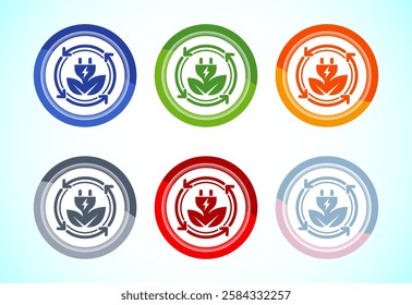 Renewable energy icon design illustration. Renewable power sign symbol, 6 color button design set