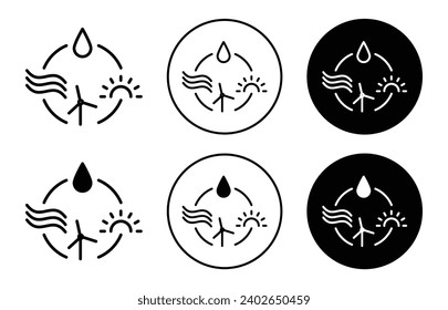 Renewable energy icon. ecological environment friendly clean energy power generation by solar, thermal, hydro or windmill electricity vector sign set. Alternative sustainable renewable energy symbol