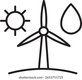 Icono de energía renovable con turbina eólica, sol y gota de agua, que simboliza fuentes de energía sostenibles y tecnología ecológica para un medio ambiente limpio y un futuro verde