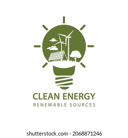 icono de energía renovable con bombilla de luz, turbina eólica y panel solar aislados en fondo blanco