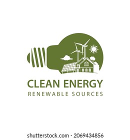 renewable energy icon with light bulb, house, wind turbine and solar panel isolated on white background