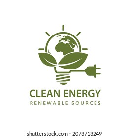 renewable energy icon with light bulb, earth and leaves isolated on white background