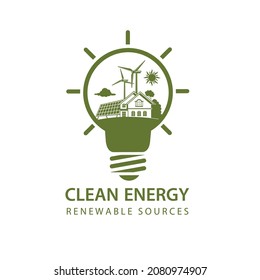 icono de energía renovable con bombilla, casa, turbina eólica y panel solar aislados en fondo blanco