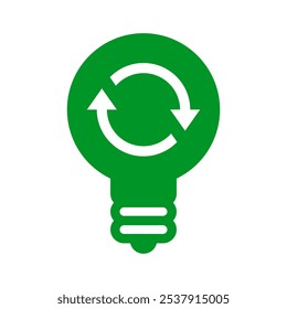 Renewable energy icon, lightbulb recycle sign, light bulb with repeat arrow isolated on white background