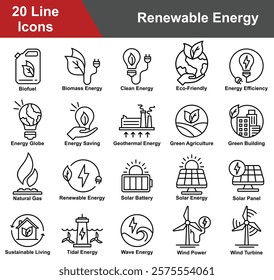 Renewable Energy Icon Set Collection. Containing Biofuel, Biomass, Clean Energy, Eco Friendly, Efficiency, Energy Saving, Geothermal Energy, Green Agriculture. Simple Line Vector Illustration.