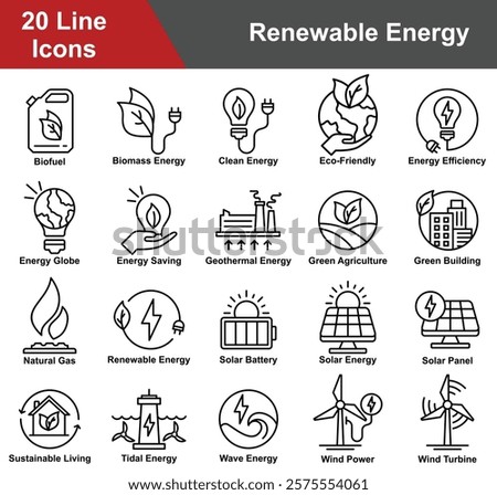 Renewable Energy Icon Set Collection. Containing Biofuel, Biomass, Clean Energy, Eco Friendly, Efficiency, Energy Saving, Geothermal Energy, Green Agriculture. Simple Line Vector Illustration.