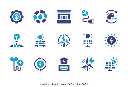 Renewable energy icon set. Duotone color. Vector illustration. Containing windmill, solarpanel, electricity, renewableenergy, greenenergy, solarenergy, dam, nature.