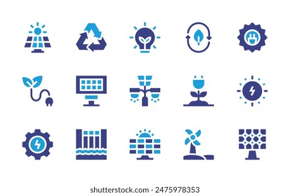 Renewable energy icon set. Duotone color. Vector illustration. Containing renewableenergy, sunenergy, solarpanel, cleanenergy, biomassenergy, streetlight.